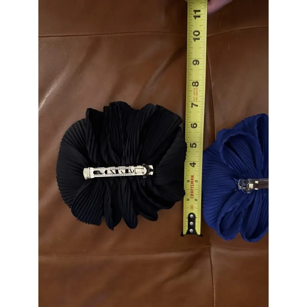 Vintage Hair Barrette Bow Ruffle 1980’s Oversized Set Of 2 Blue Black